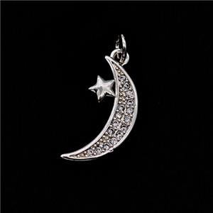Copper Moon Pendant Pave Zirconia Star Shiny Silver, approx 9-18mm