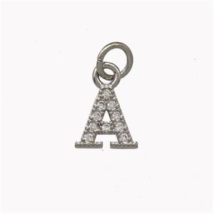 Copper Letter-A Pendant Pave Zirconia Platinum Plated, approx 5-8mm