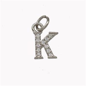 Copper Letter-K Pendant Pave Zirconia Platinum Plated, approx 5-8mm