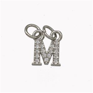 Copper Letter-M Pendant Pave Zirconia Platinum Plated, approx 5-8mm