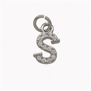 Copper Letter-S Pendant Pave Zirconia Platinum Plated, approx 5-8mm