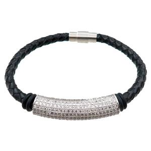 PU leather bracelets with magnetic clasp, copper tube beads pave zircon, approx 6mm, 70mm dia