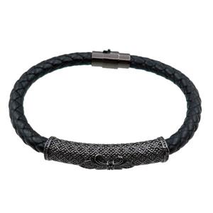 PU leather bracelets with magnetic clasp, black copper tube beads pave zircon, approx 6mm, 70mm dia