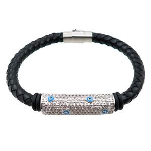 PU leather bracelets with magnetic clasp, copper tube beads pave zircon, evil eye, approx 6mm, 70mm dia