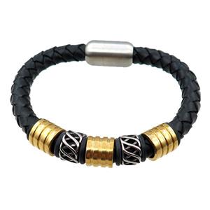 PU leather bracelet with magnetic clasp, stainless steel beads, approx 8mm, 70mm dia