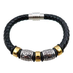 PU leather bracelet with magnetic clasp, stainless steel beads, approx 8mm, 70mm dia