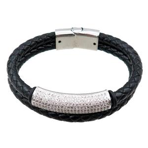 PU leather bracelet with magnetic clasp, copper tube beads pave zircon, approx 12mm, 70mm dia