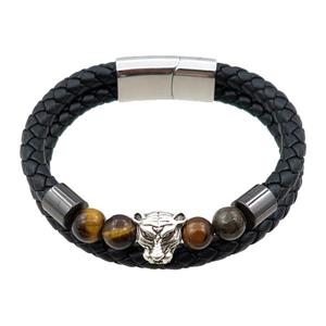 PU leather bracelet with magnetic clasp, stainless steel tiger beads, approx 12mm, 70mm dia