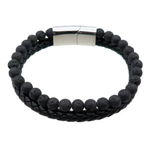PU leather bracelet with magnetic clasp, lave beads, approx 12mm, 70mm dia