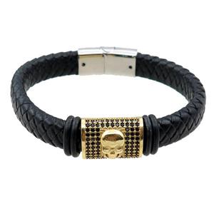 PU leather bracelet with magnetic clasp, skull charm, approx 12mm, 70mm dia