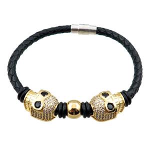 PU leather bracelets with magnetic clasp, skull beads pave zircon, approx 6mm, 70mm dia