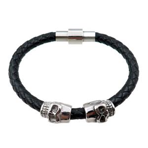PU leather bracelets with magnetic clasp, stainless steel skull bead, approx 6mm, 70mm dia