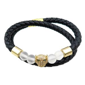 PU leather bracelets with magnetic clasp, foxhead beads pave zircon, approx 6mm, 60mm dia