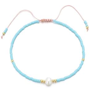 handmade miyuki seed glass Bracelet with Pearl, adjustable, aqua, approx 2mm, 16-24cm length