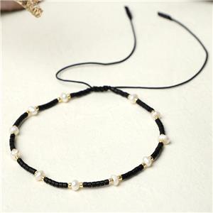 handmade miyuki seed glass Bracelet with Pearl, adjustable, black, approx 3mm, 16-24cm length