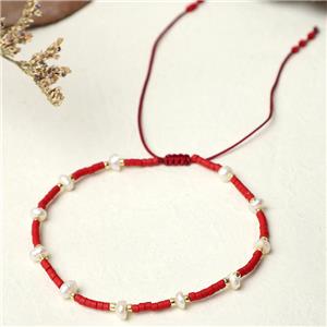 handmade miyuki seed glass Bracelet with Pearl, adjustable, red, approx 3mm, 16-24cm length