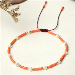 handmade miyuki seed glass Bracelet with Pearl, adjustable, orange, approx 3mm, 16-24cm length