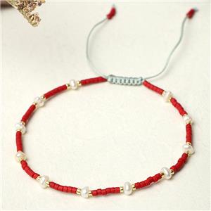 handmade miyuki glass Bracelet with Pearl, adjustable, red, approx 3mm, 16-24cm length