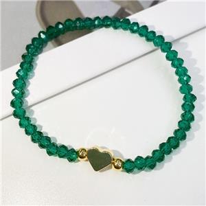 peacockgreen Chinese Crystal Glass Bracelet with gold heart, stretchy, approx 4mm, 22cm length