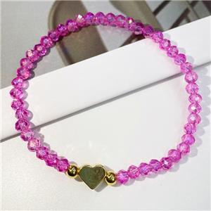 Chinese Crystal Glass Bracelet with gold heart, stretchy, hotpink, approx 4mm, 22cm length