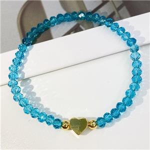 Chinese Crystal Glass Bracelet with gold heart, stretchy, aqua, approx 4mm, 22cm length