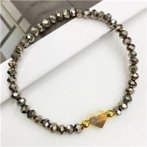Chinese Crystal Glass Bracelet with gold heart, stretchy, approx 4mm, 22cm length