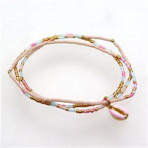 Seed Glass Bracelet 3 Strands Conch Shell Stretchy, approx 8-10mm, 1.6mm, 16cm length