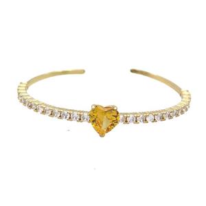 Copper Bangle Pave Zircon Yellow Crystal Glass Heart Gold Plated, approx 10mm, 50-60mm