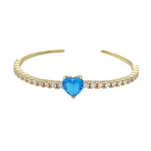 Copper Bangle Pave Zircon Blue Crystal Glass Heart Gold Plated, approx 10mm, 50-60mm