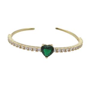 Copper Bangle Pave Zircon Green Crystal Glass Heart Gold Plated, approx 10mm, 50-60mm