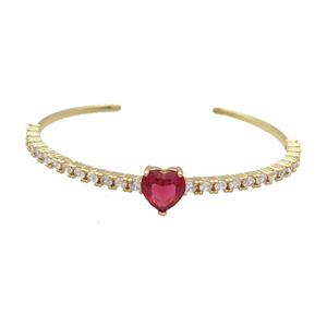 Copper Bangle Pave Zircon Red Crystal Glass Heart Gold Plated, approx 10mm, 50-60mm