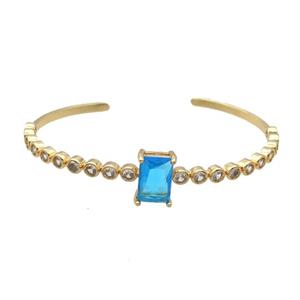 Copper Bangle Pave Zircon Blue Crystal Glass Rectangle Gold Plated, approx 9-13mm, 50-60mm