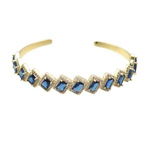 Copper Bangle Pave Zircon Blue Crystal Glass Rectangle Gold Plated, approx 10mm, 50-60mm