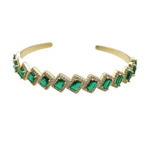 Copper Bangle Pave Zircon Green Crystal Glass Rectangle Gold Plated, approx 10mm, 50-60mm