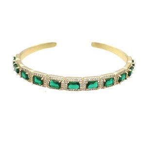 Copper Bangle Pave Zircon Green Crystal Glass Rectangle Gold Plated, approx 7-10mm, 50-60mm