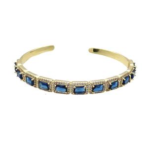 Copper Bangle Pave Zircon Blue Crystal Glass Rectangle Gold Plated, approx 7-10mm, 50-60mm