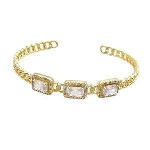 Copper Bangle Pave Zircon Crystal Glass Rectangle Gold Plated, approx 9-11mm, 55-62mm