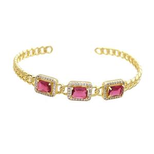 Copper Bangle Pave Zircon Red Crystal Glass Rectangle Gold Plated, approx 9-11mm, 55-62mm
