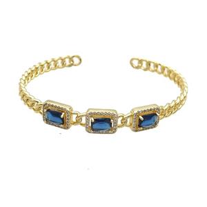 Copper Bangle Pave Zircon Blue Crystal Glass Rectangle Gold Plated, approx 9-11mm, 55-62mm