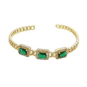 Copper Bangle Pave Zircon Green Crystal Glass Rectangle Gold Plated, approx 9-11mm, 55-62mm