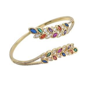 Copper Bangle Pave Multicolor Zircon Leaf Gold Plated, approx 10-30mm, 50-58mm