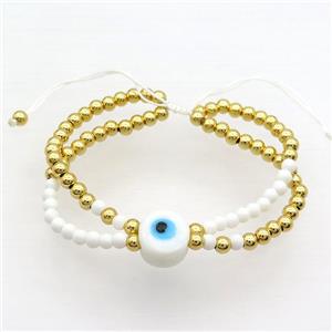 Copper Bracelet With White Seed Glass Evil Eye Adjustable Gold Plated, approx 12mm, 3.5mm, 20-24cm length