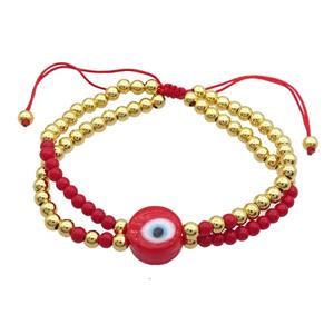 Copper Bracelet With Red Seed Glass Evil Eye Adjustable Gold Plated, approx 12mm, 3.5mm, 20-24cm length