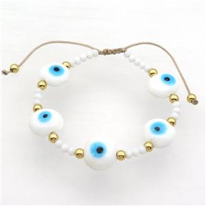 White Lampwork Bracelet Evil Eye Copper Adjustable, approx 13mm, 3.5mm, 20-24cm length
