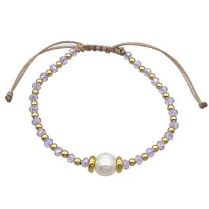 Purple Crystal Glass Bracelet Pearl Adjustable, approx 9mm, 3.5mm, 20-24cm length