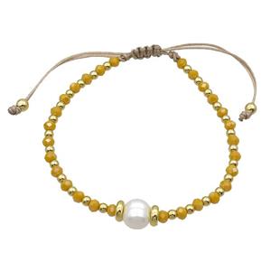Golden Crystal Glass Bracelet Pearl Adjustable, approx 9mm, 3.5mm, 20-24cm length