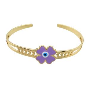 Copper Bangle Clover Lavender Enamel Gold Plated, approx 16mm, 55-65mm dia