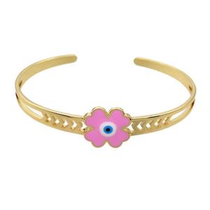Copper Bangle Clover Pink Enamel Gold Plated, approx 16mm, 55-65mm dia