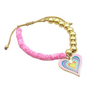 Copper Bracelet Clay Adjustable Multicolor Enamel Heart Gold Plated, approx 6mm, 8mm, 23mm, 16-24cm length