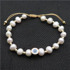 White Pearl Bracelet Evil Eye Adjustable, approx 7-8mm, 16-24cm length
